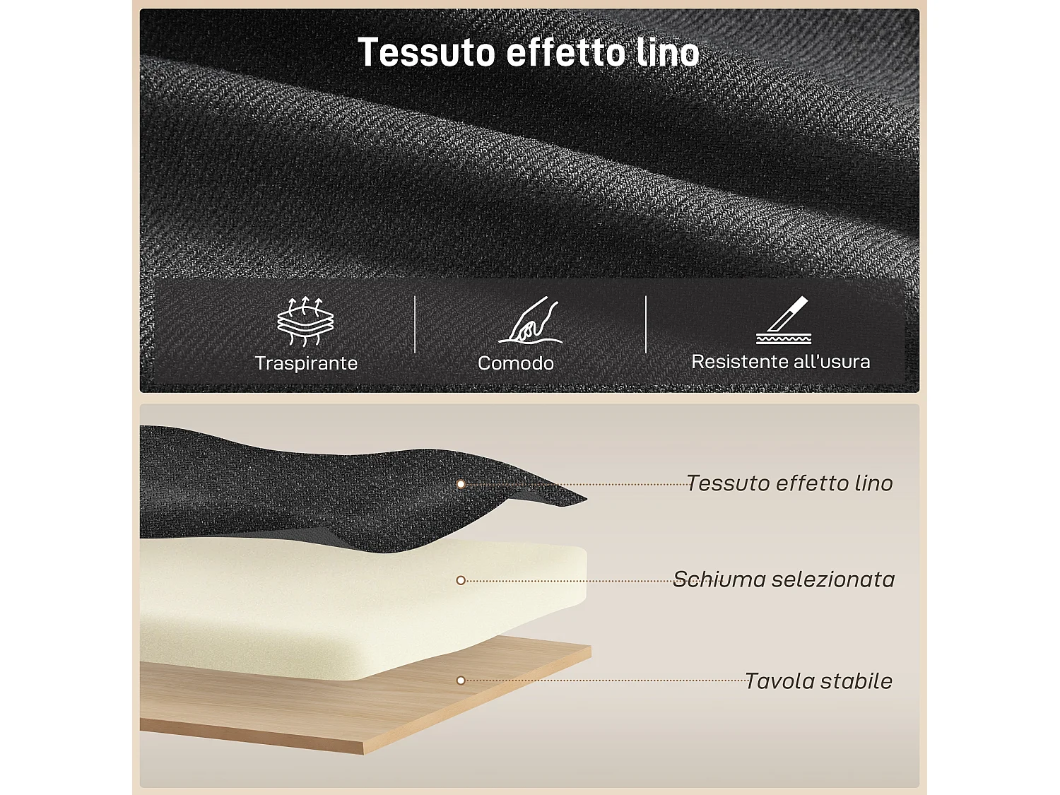 Divano letto effetto lino con penisola portaoggetti grigio antracite