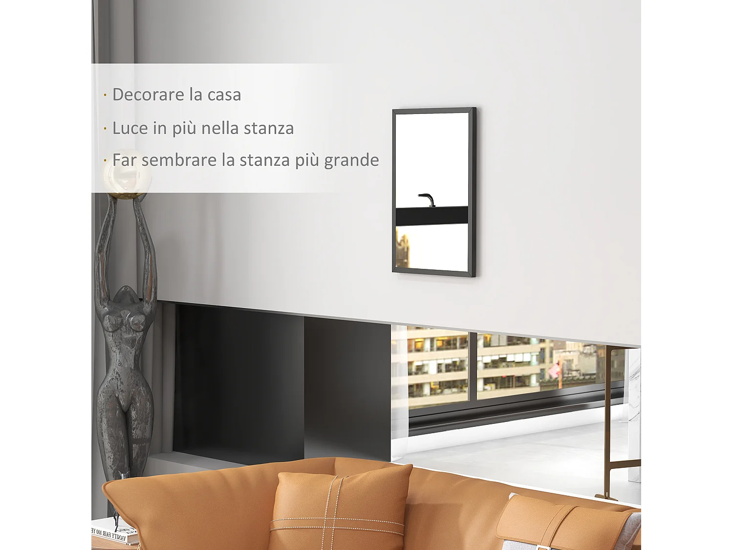 Specchio da parete rettangolare in vetro e mdf con ganci 40x60 cm nero