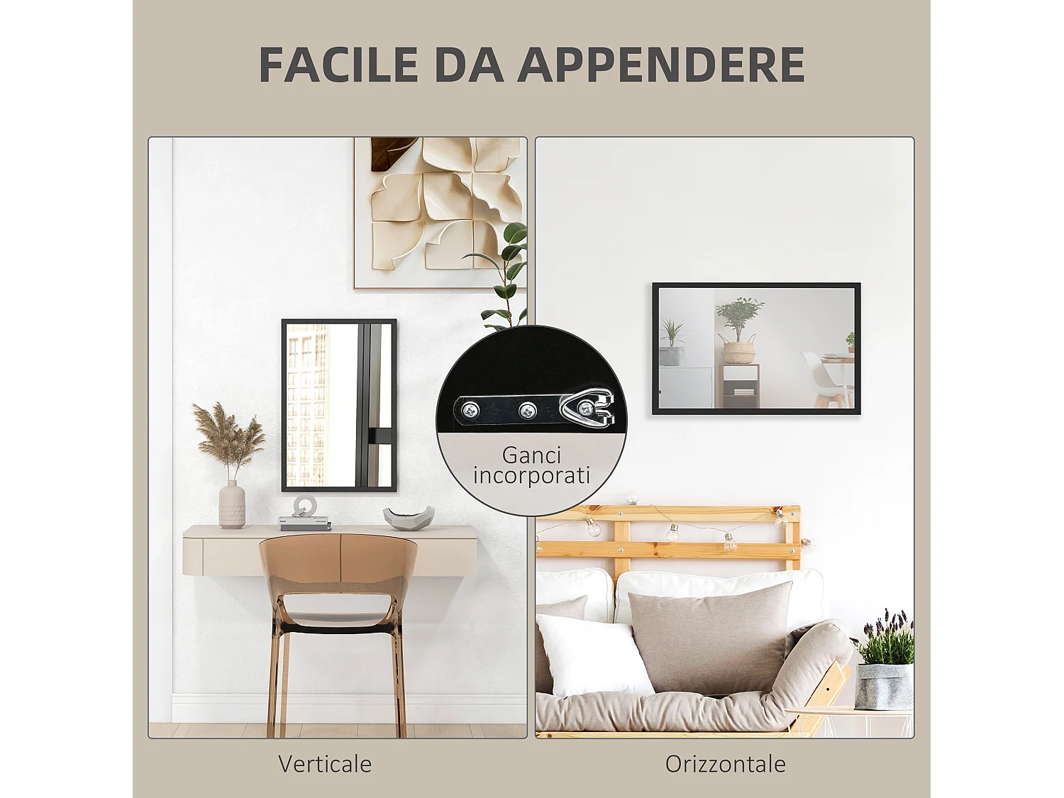 Specchio da parete rettangolare in vetro e mdf con ganci 40x60 cm nero