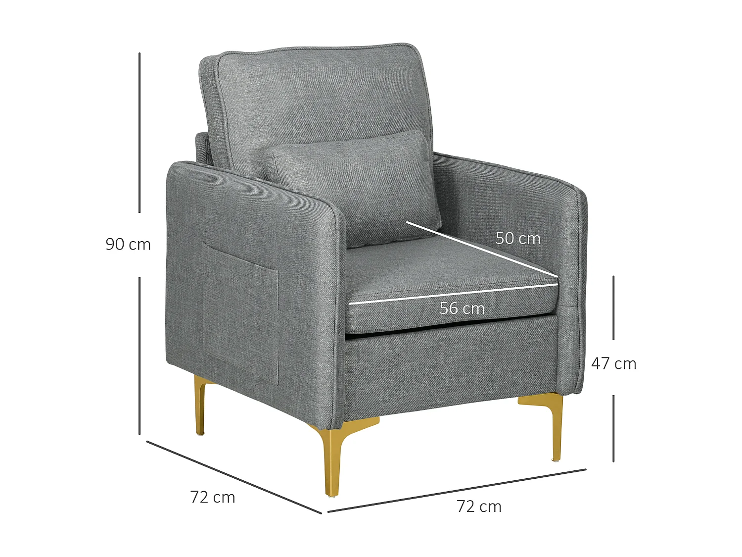 Poltroncina design con tessuto effetto lino e tasche laterali grigio