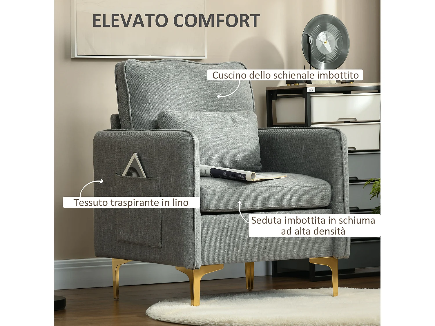 Poltroncina design con tessuto effetto lino e tasche laterali grigio
