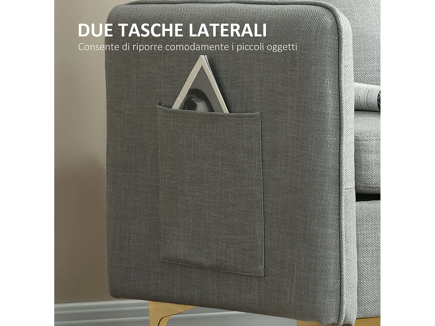 Poltroncina design con tessuto effetto lino e tasche laterali grigio