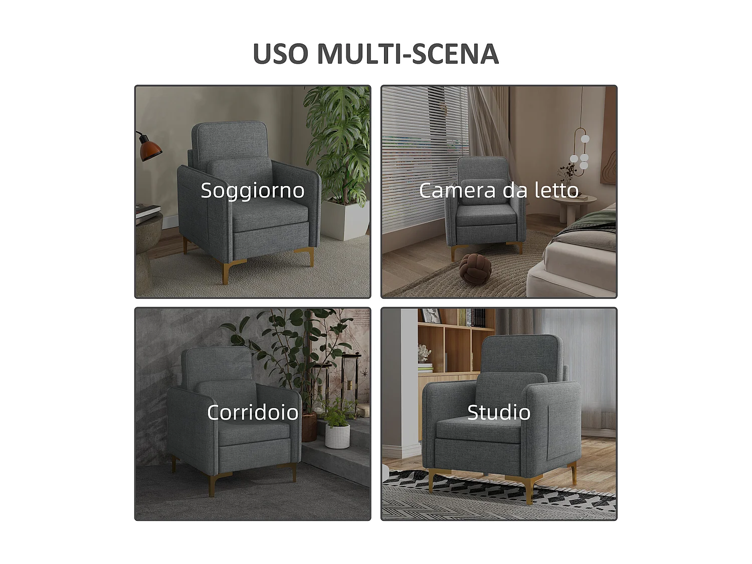 Poltroncina design con tessuto effetto lino e tasche laterali grigio