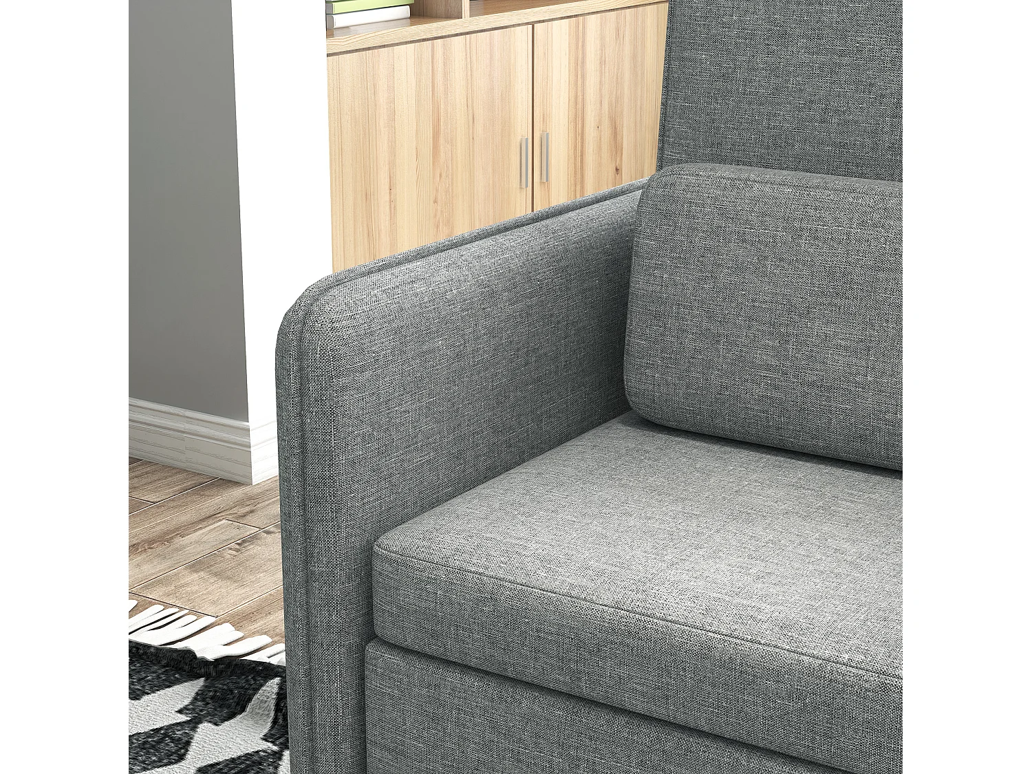 Poltroncina design con tessuto effetto lino e tasche laterali grigio