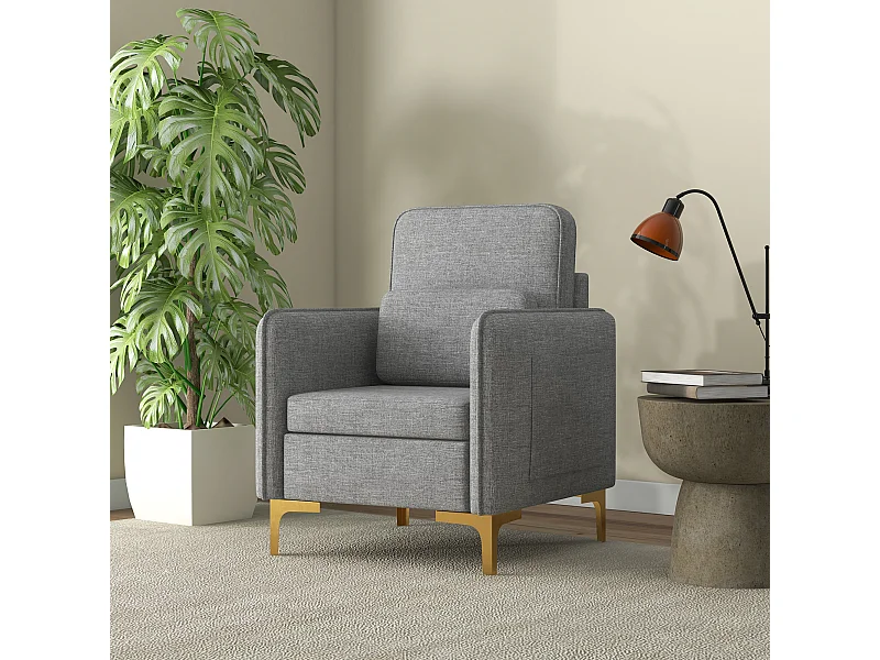 Poltroncina design con tessuto effetto lino e tasche laterali grigio