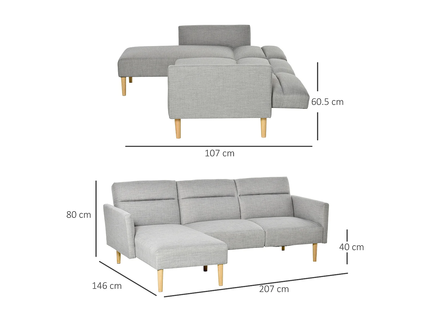 Divano letto 3 posti angolare scandinavo schienale regolabile