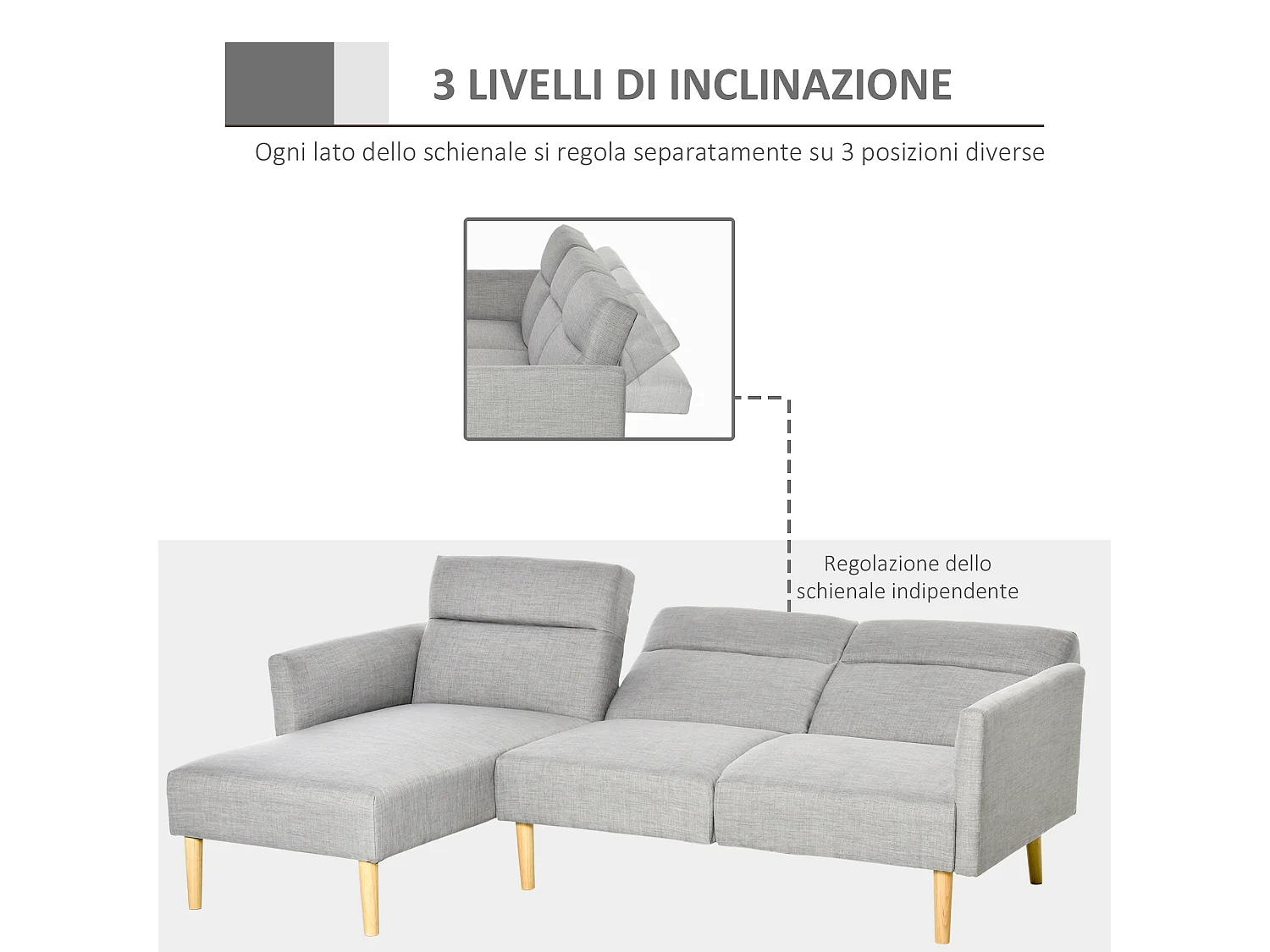 Divano letto 3 posti angolare scandinavo schienale regolabile