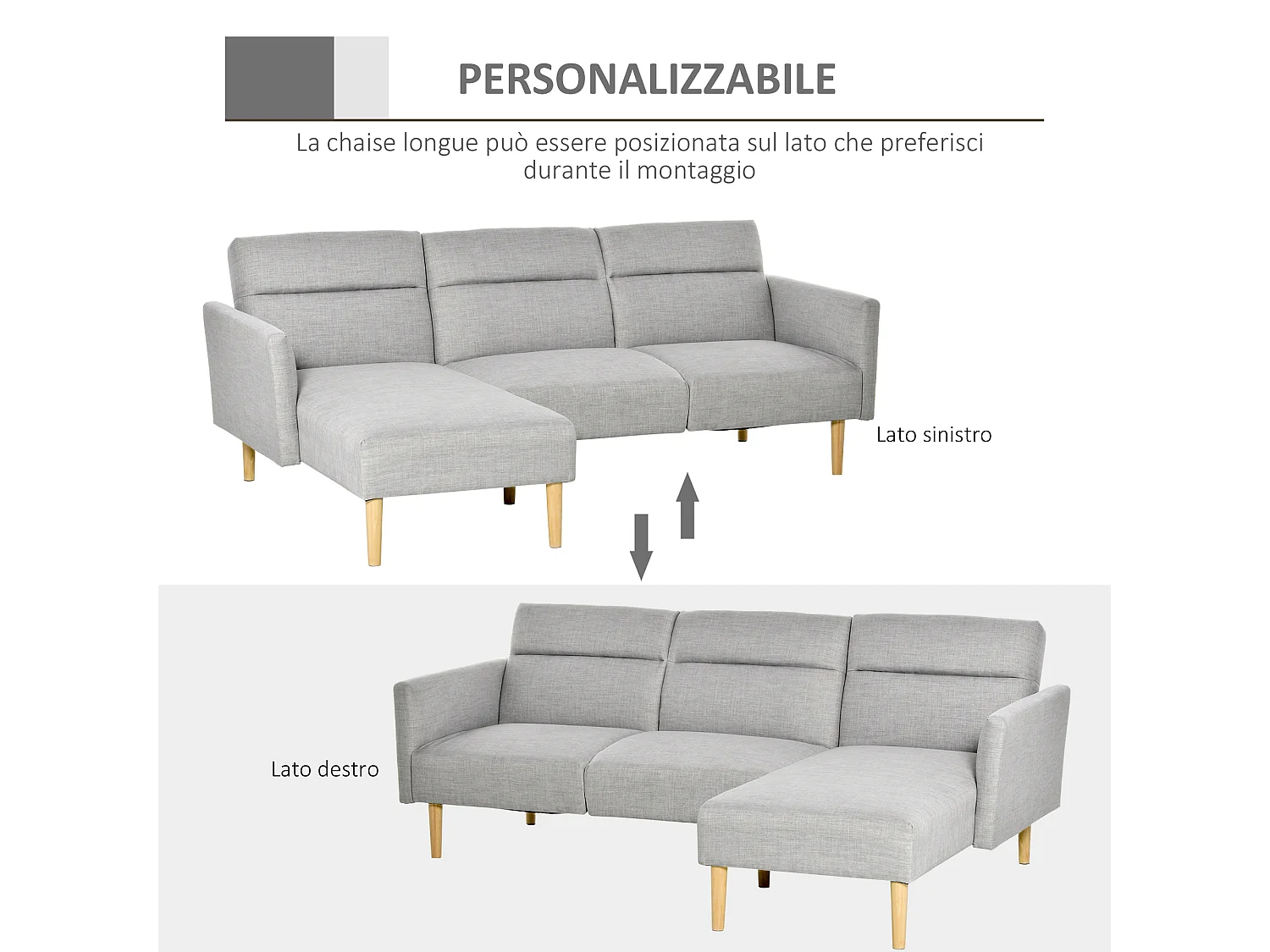 Divano letto 3 posti angolare scandinavo schienale regolabile