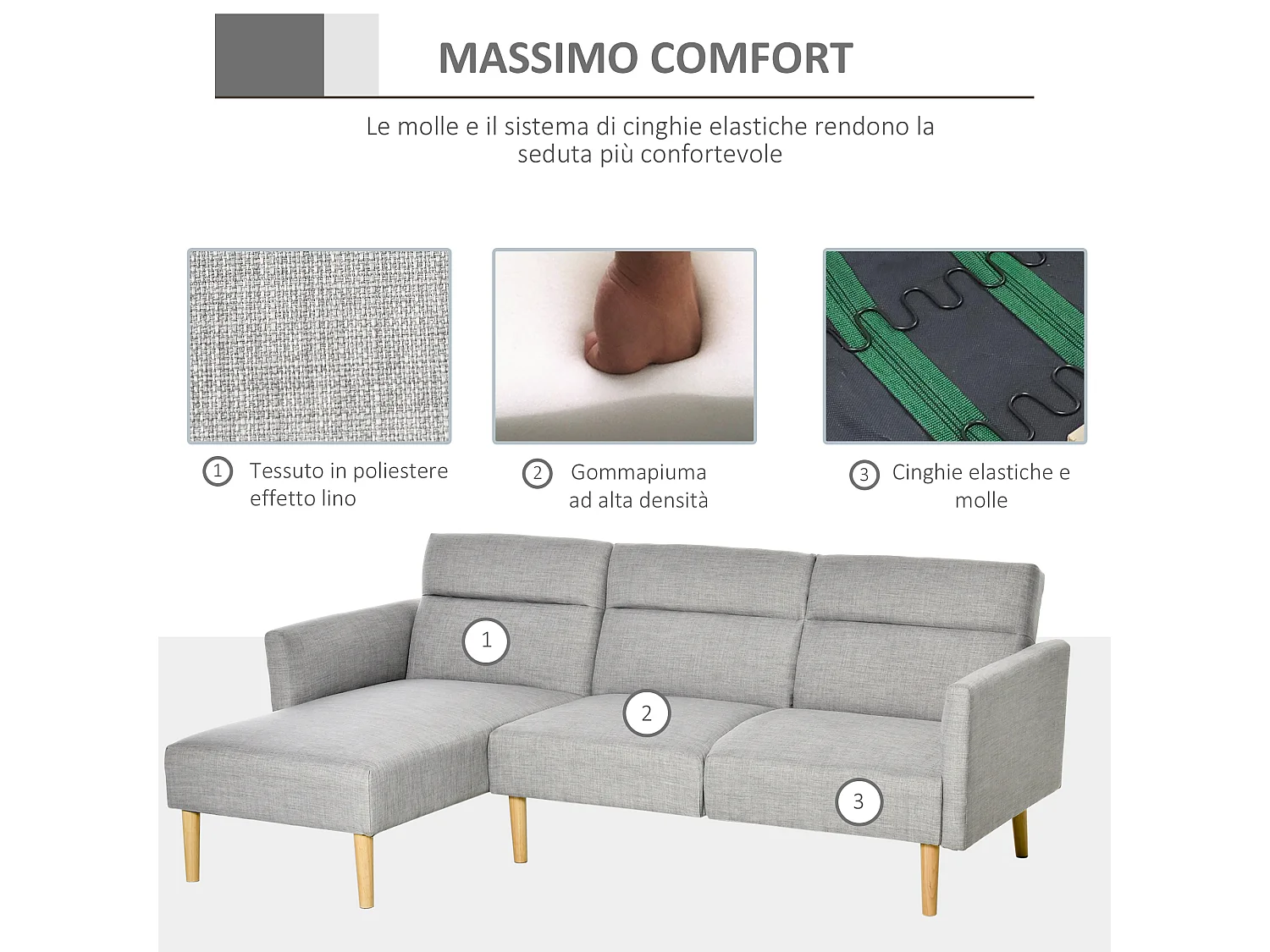 Divano letto 3 posti angolare scandinavo schienale regolabile