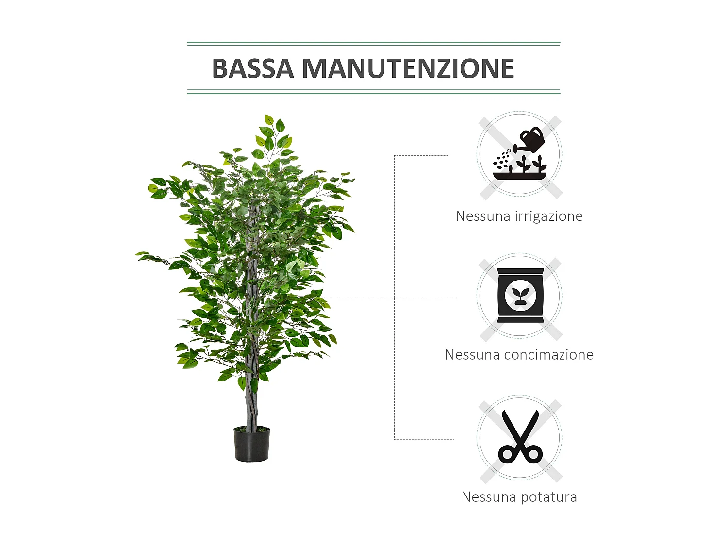 Pianta finta di ficus alta 135cm con vaso da interno ed esterno