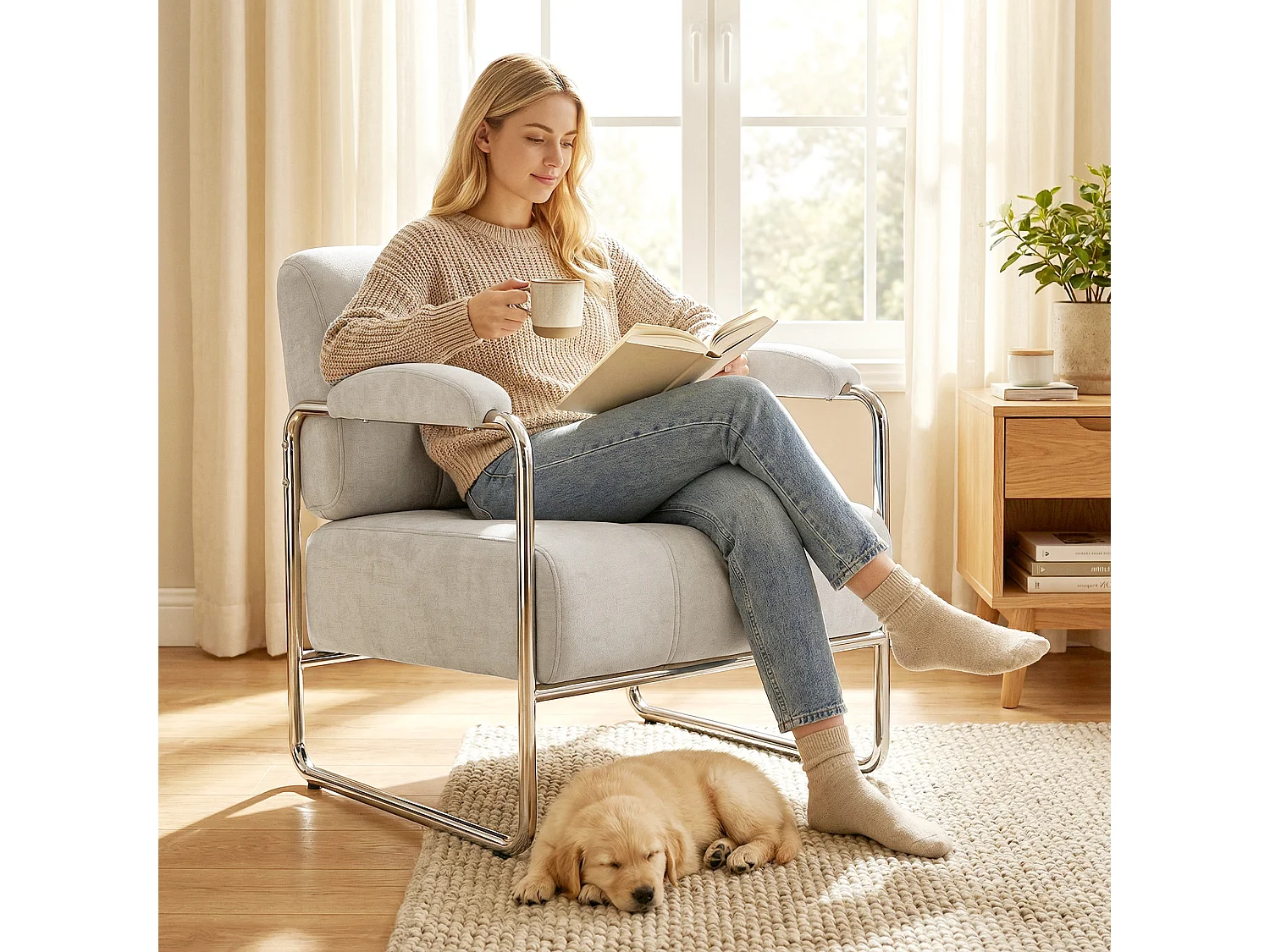 Poltrona salotto imbottitura spessa in ciniglia e acciaio colore beige