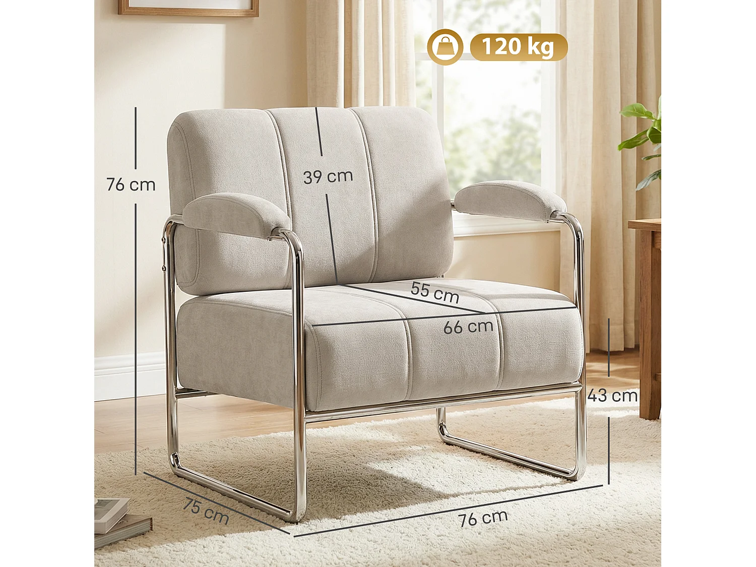 Poltrona salotto imbottitura spessa in ciniglia e acciaio colore beige