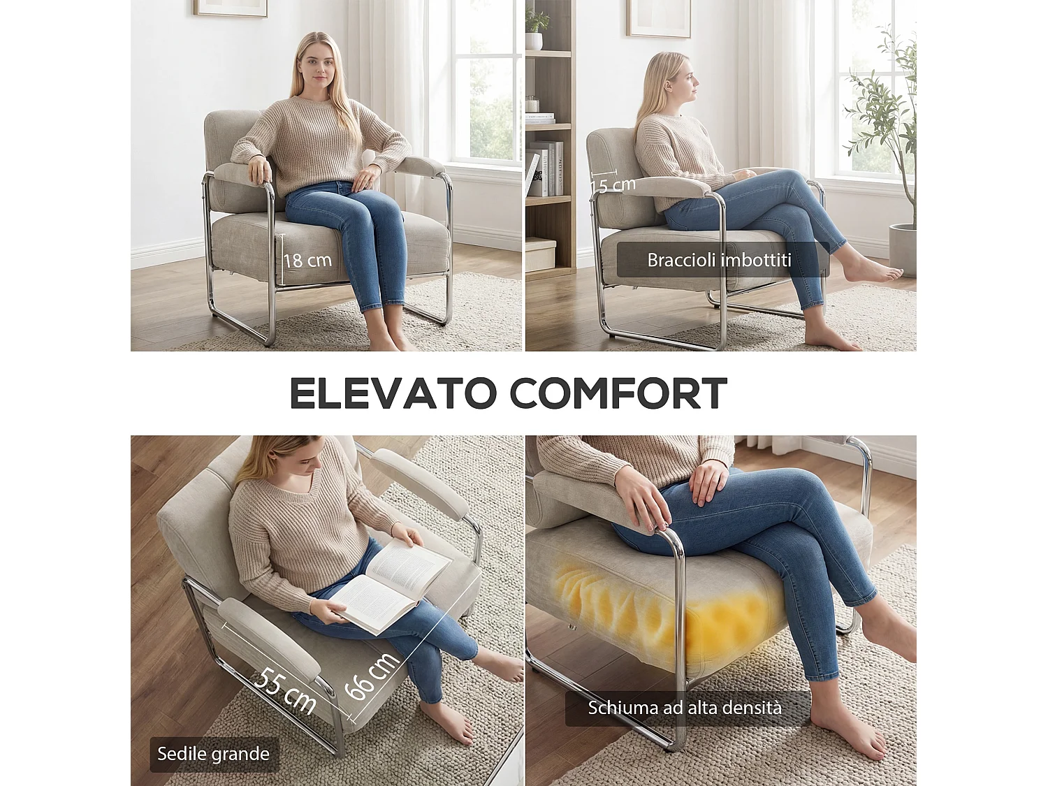 Poltrona salotto imbottitura spessa in ciniglia e acciaio colore beige