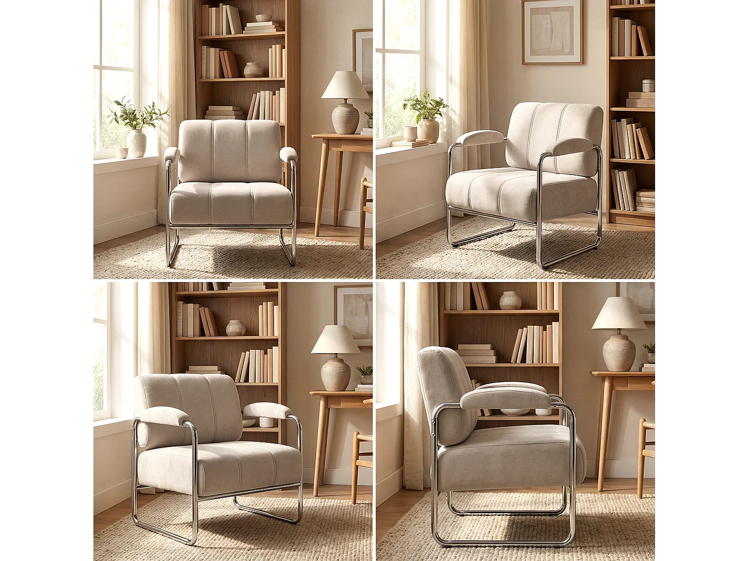 Poltrona salotto imbottitura spessa in ciniglia e acciaio colore beige