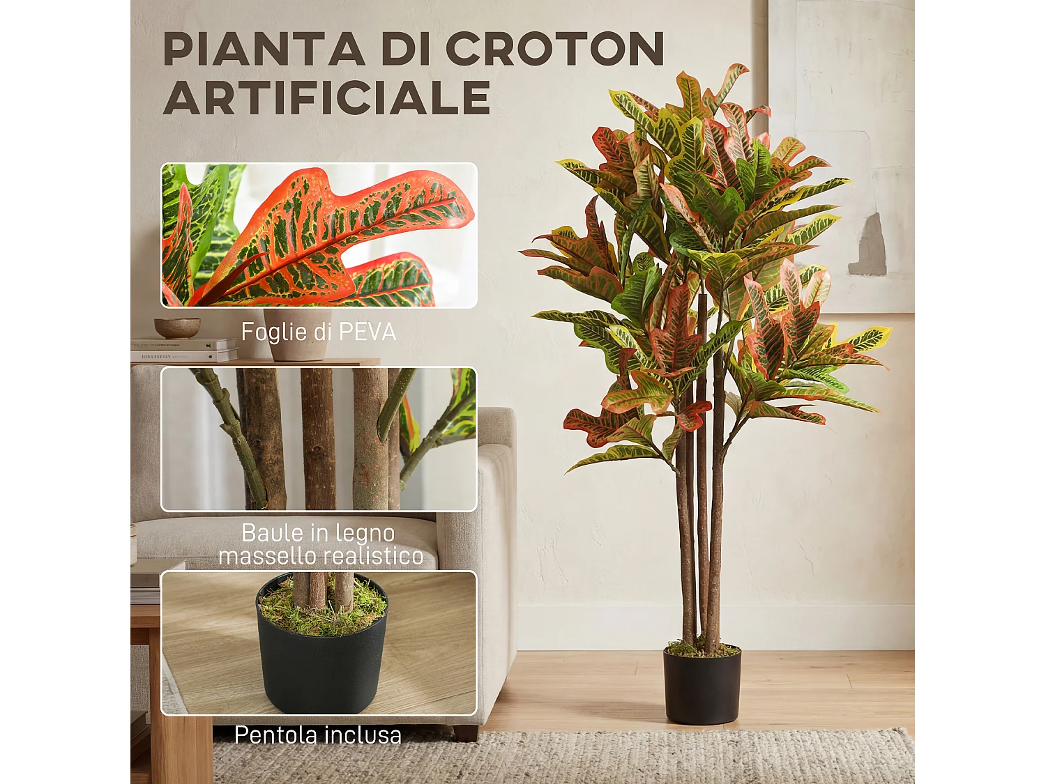 Pianta artificiale di croton in peva e legno 55x55x120 multicolore