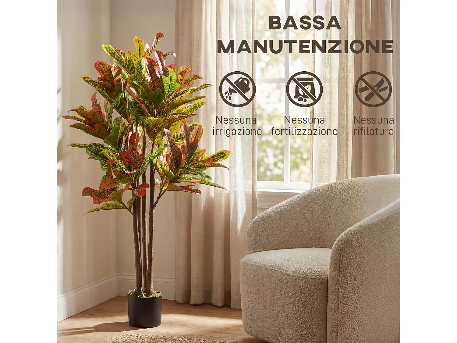 Pianta artificiale di croton in peva e legno 55x55x120 multicolore