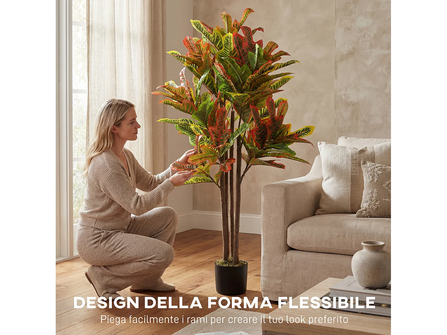 Pianta artificiale di croton in peva e legno 55x55x120 multicolore