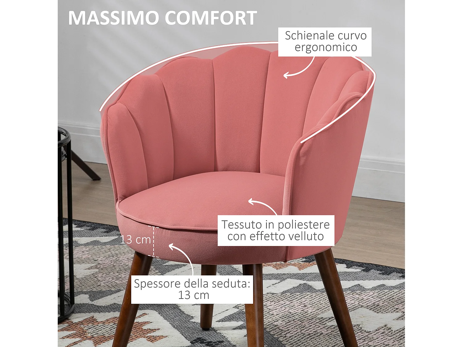 Poltrona in velluto schienale a conchiglia 66x66x78.5cmrosa