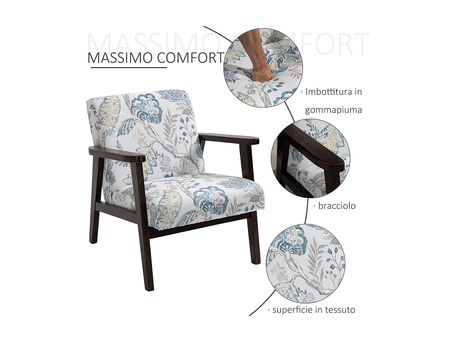 Sedia per soggiorno imbottita con braccioli in legno e poliestere