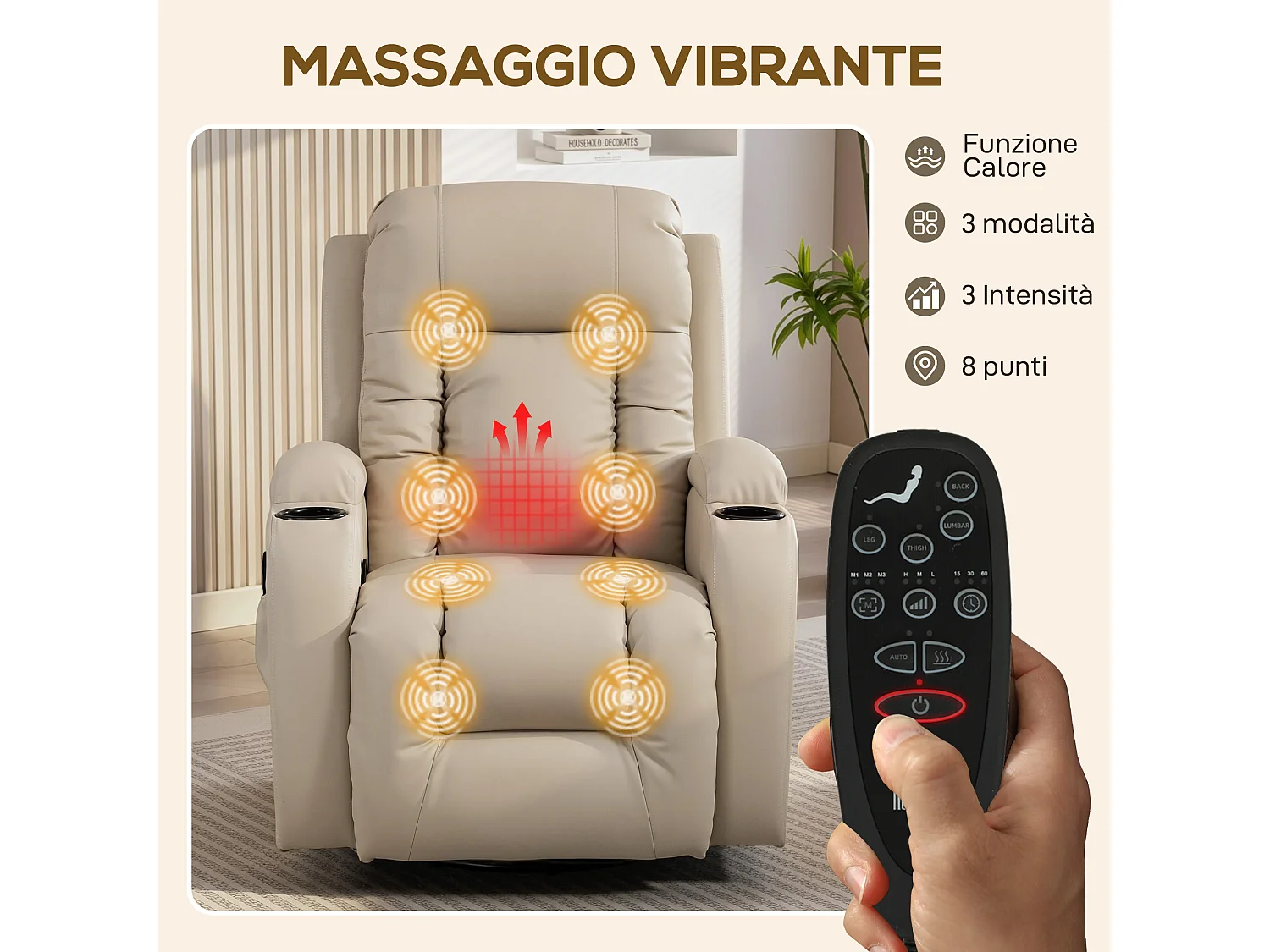 Poltrona reclinabile massaggiante e riscaldata con telecomando crema