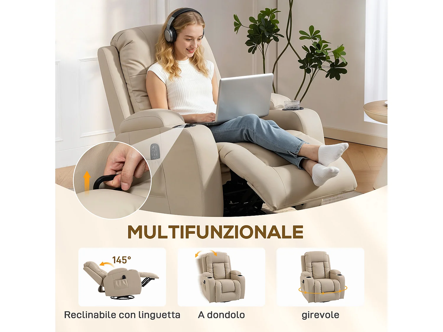 Poltrona reclinabile massaggiante e riscaldata con telecomando crema