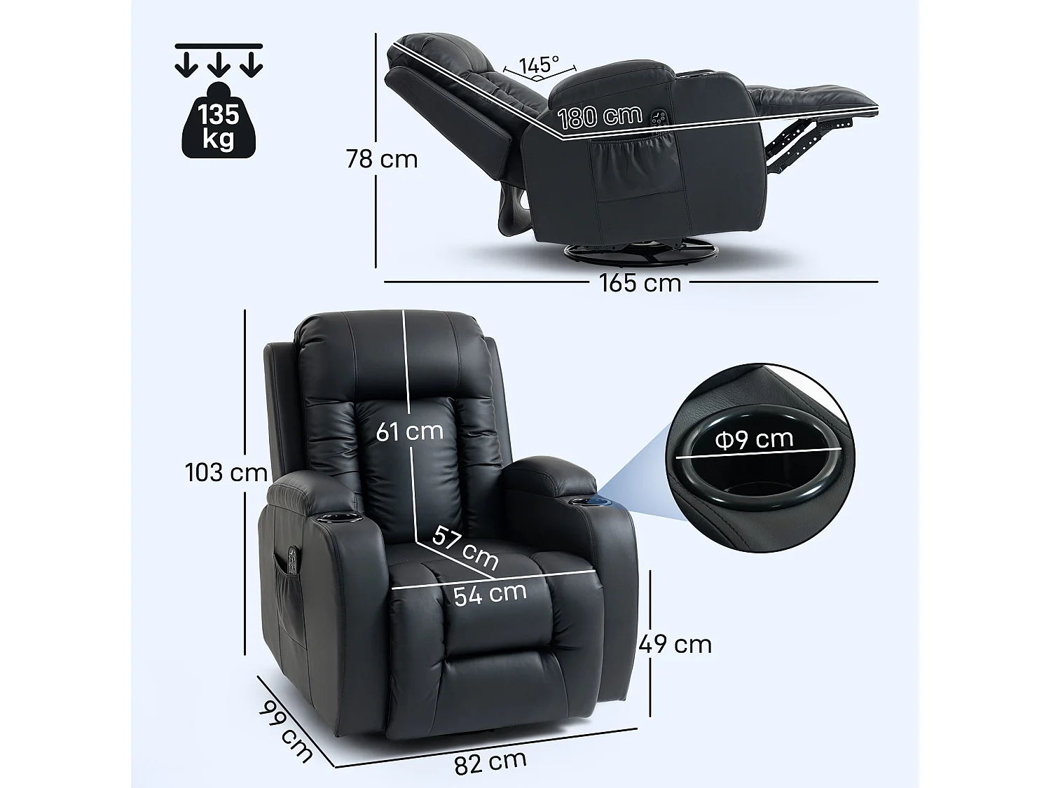Poltrona reclinabile massaggiante e riscaldata con telecomando nero