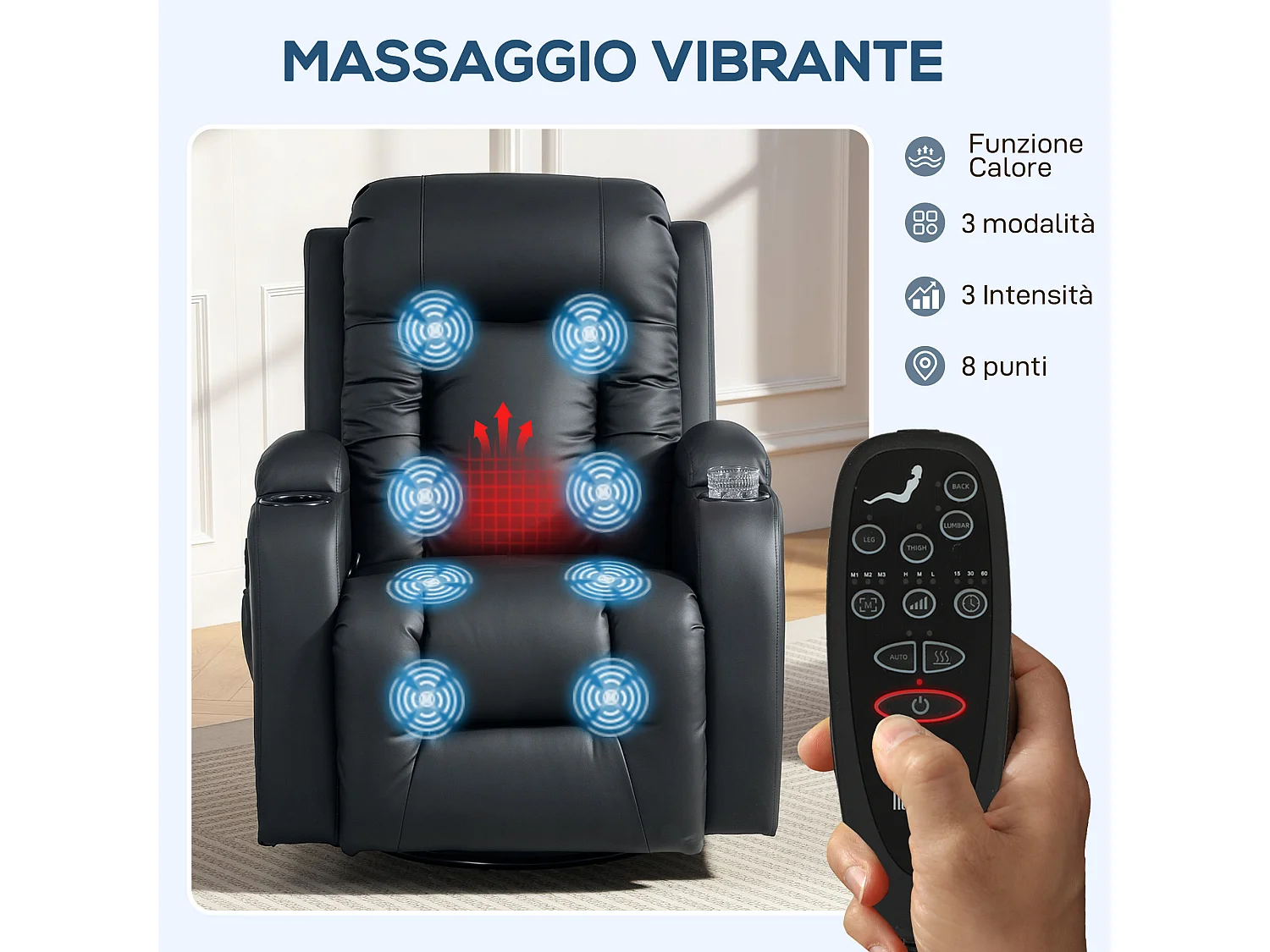 Poltrona reclinabile massaggiante e riscaldata con telecomando nero