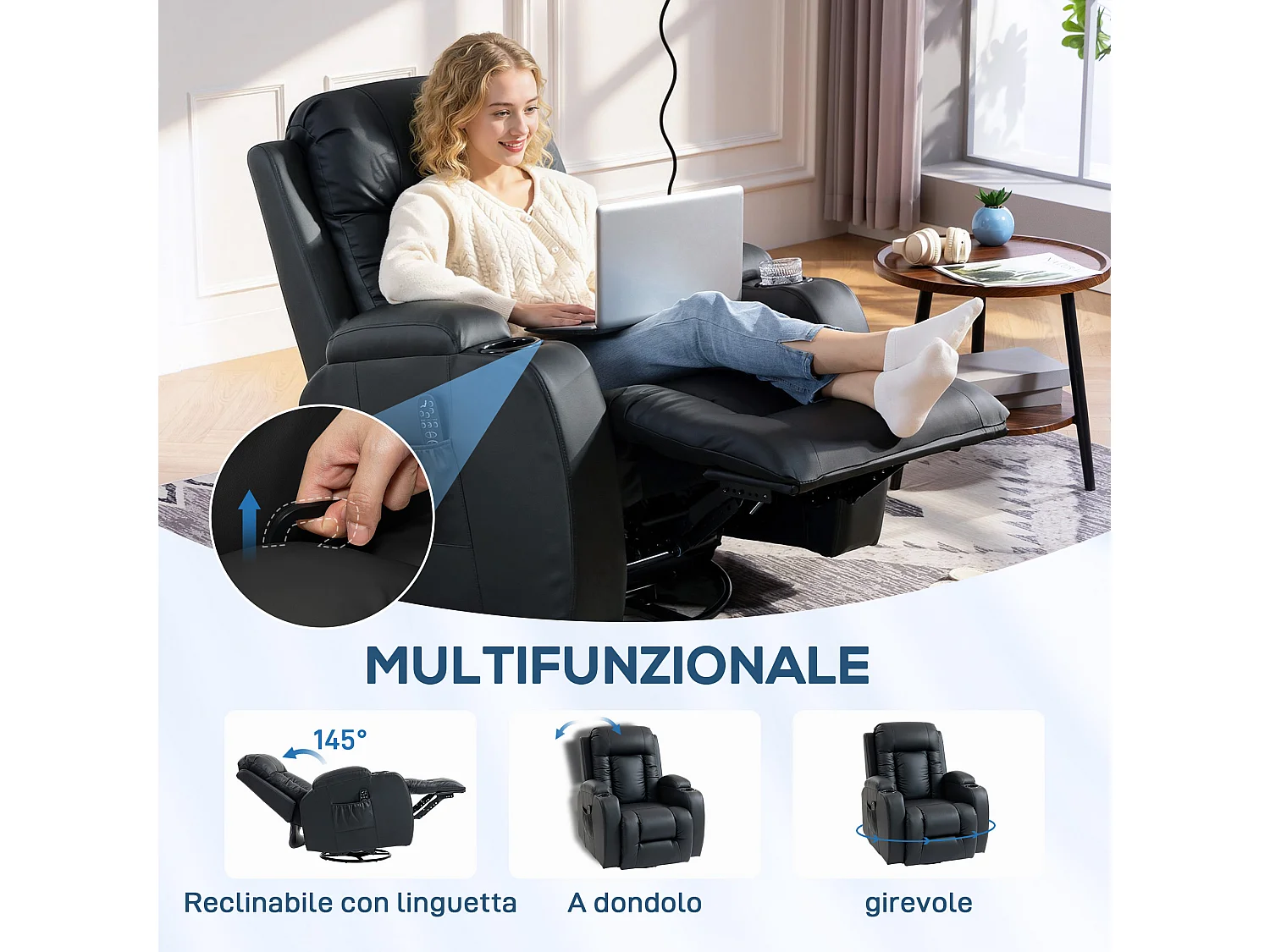 Poltrona reclinabile massaggiante e riscaldata con telecomando nero