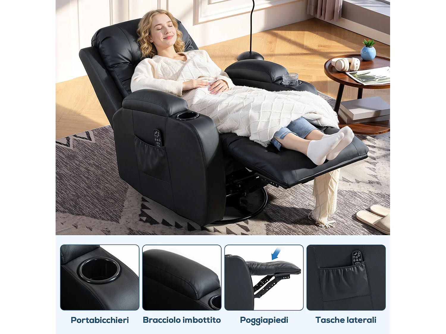 Poltrona reclinabile massaggiante e riscaldata con telecomando nero