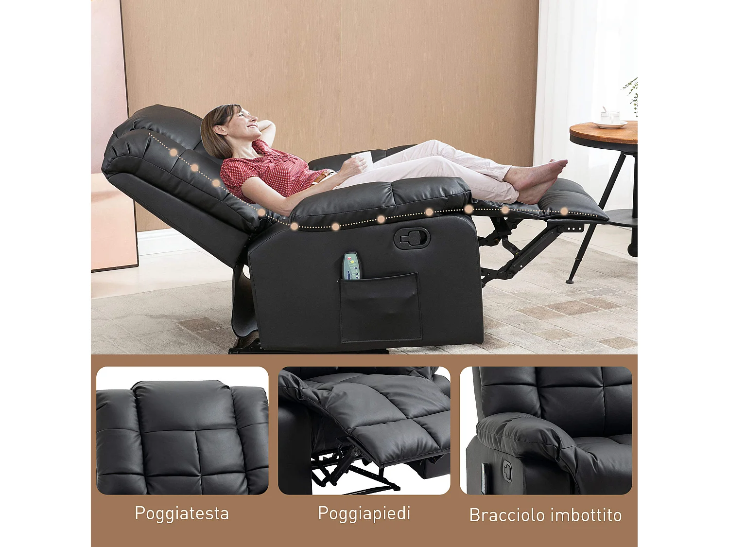 Poltrona relax massaggiante e reclinabile in finta pelle nero