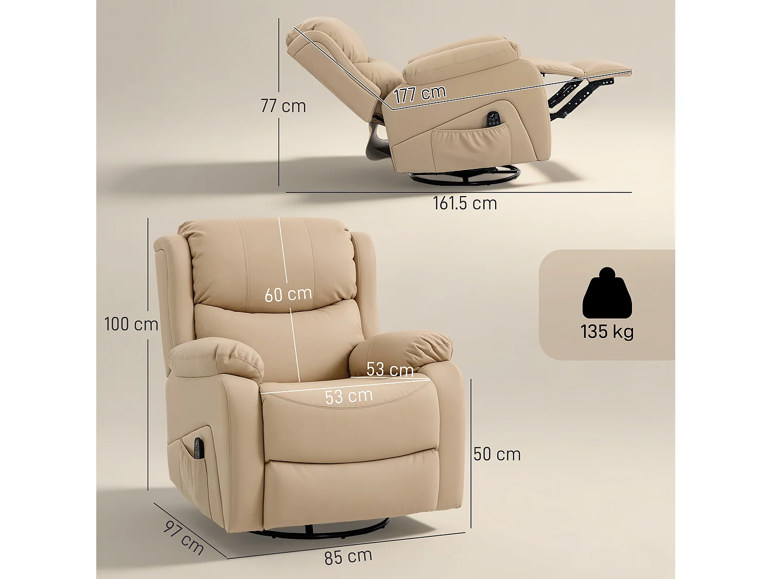 Poltrona relax reclinabile e massaggiante con riscaldamento beige