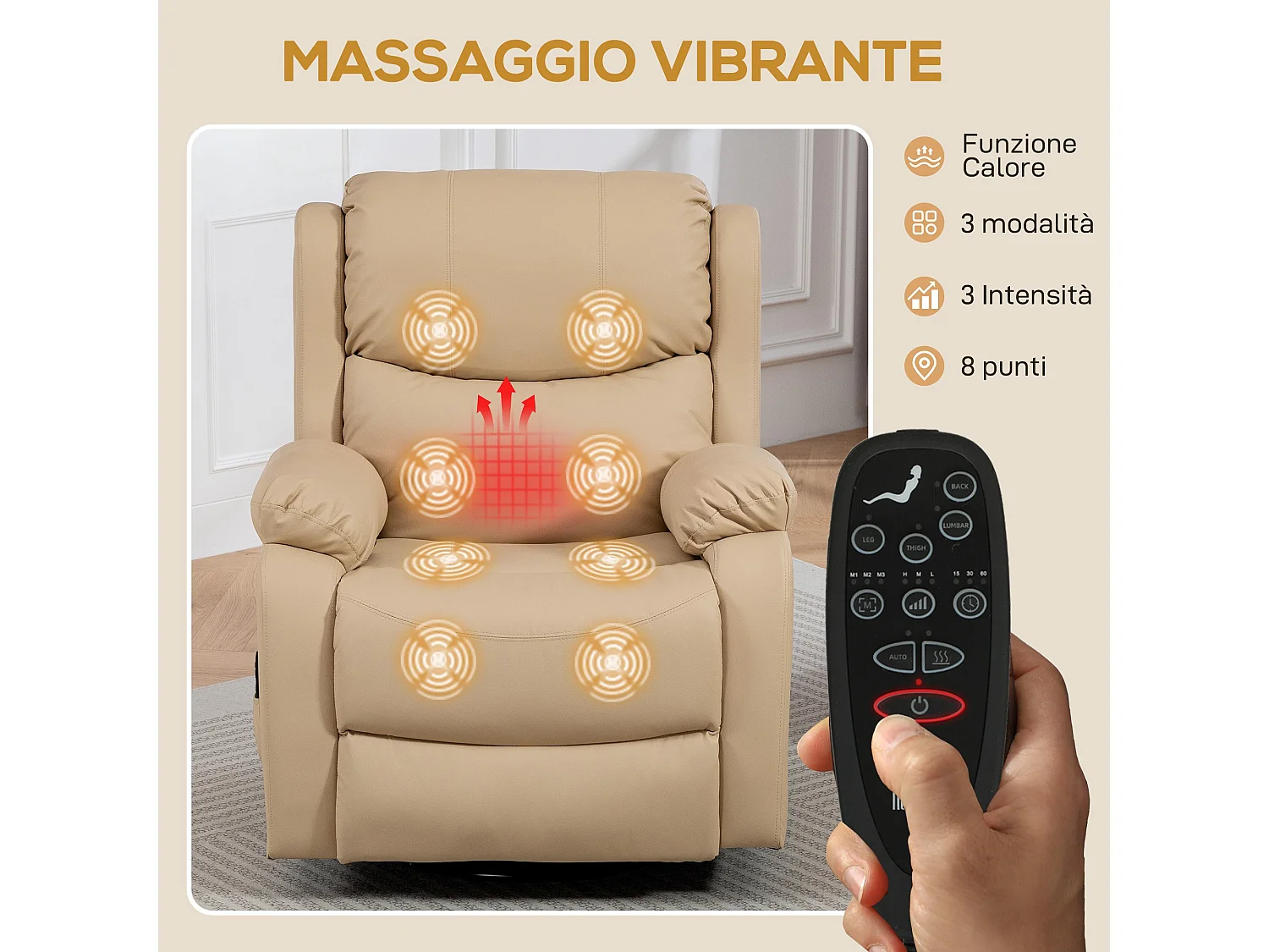 Poltrona relax reclinabile e massaggiante con riscaldamento beige