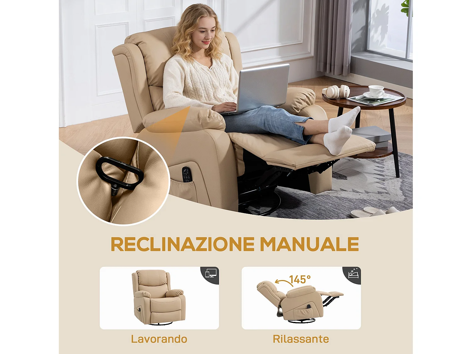 Poltrona relax reclinabile e massaggiante con riscaldamento beige