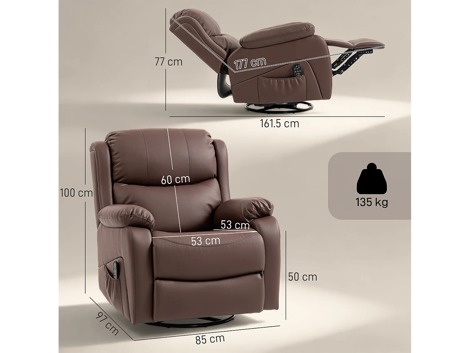 Poltrona relax reclinabile e massaggiante con riscaldamento marrone