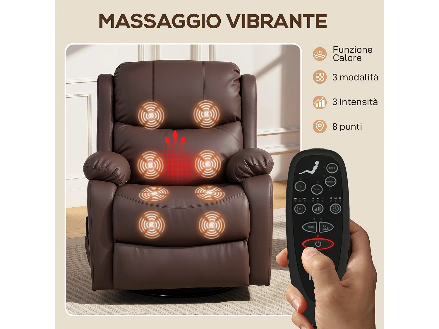 Poltrona relax reclinabile e massaggiante con riscaldamento marrone