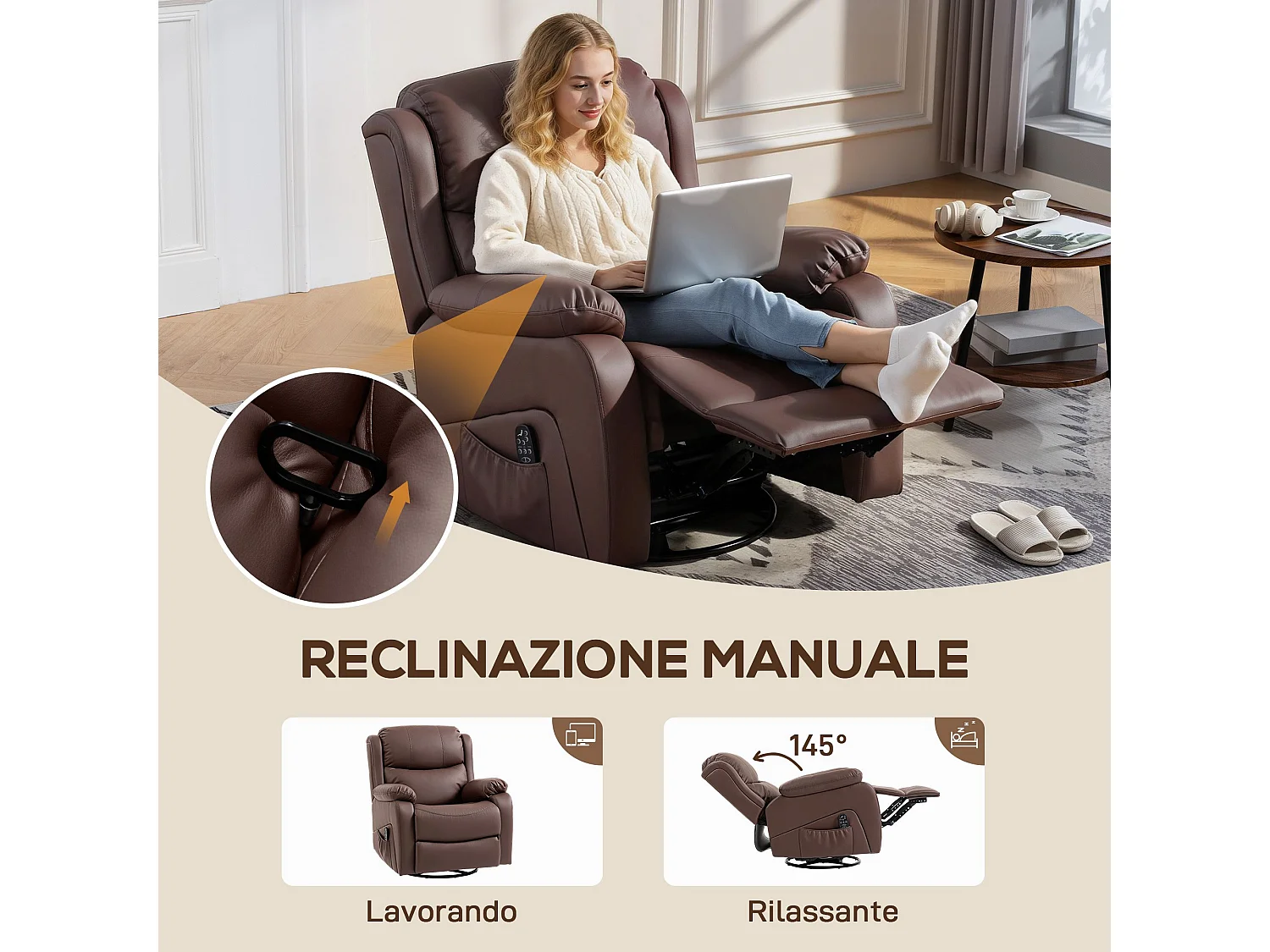 Poltrona relax reclinabile e massaggiante con riscaldamento marrone