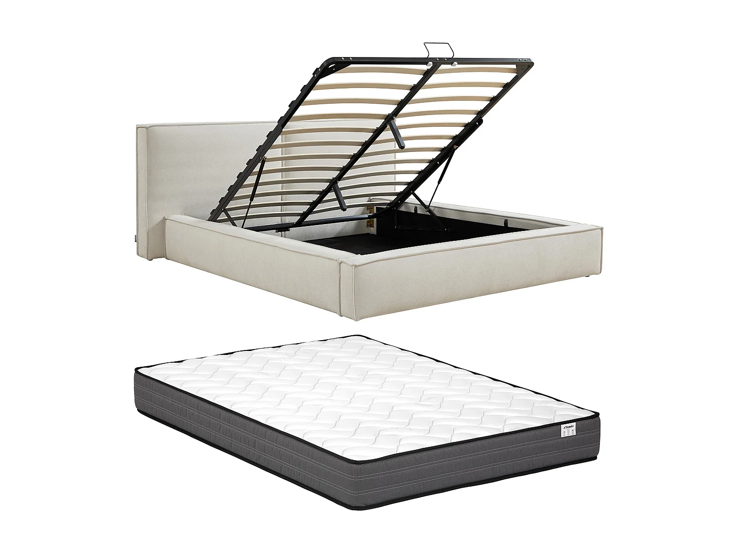Lit coffre 160 x 200 cm – Tissu – Beige + Matelas - TAVESO
