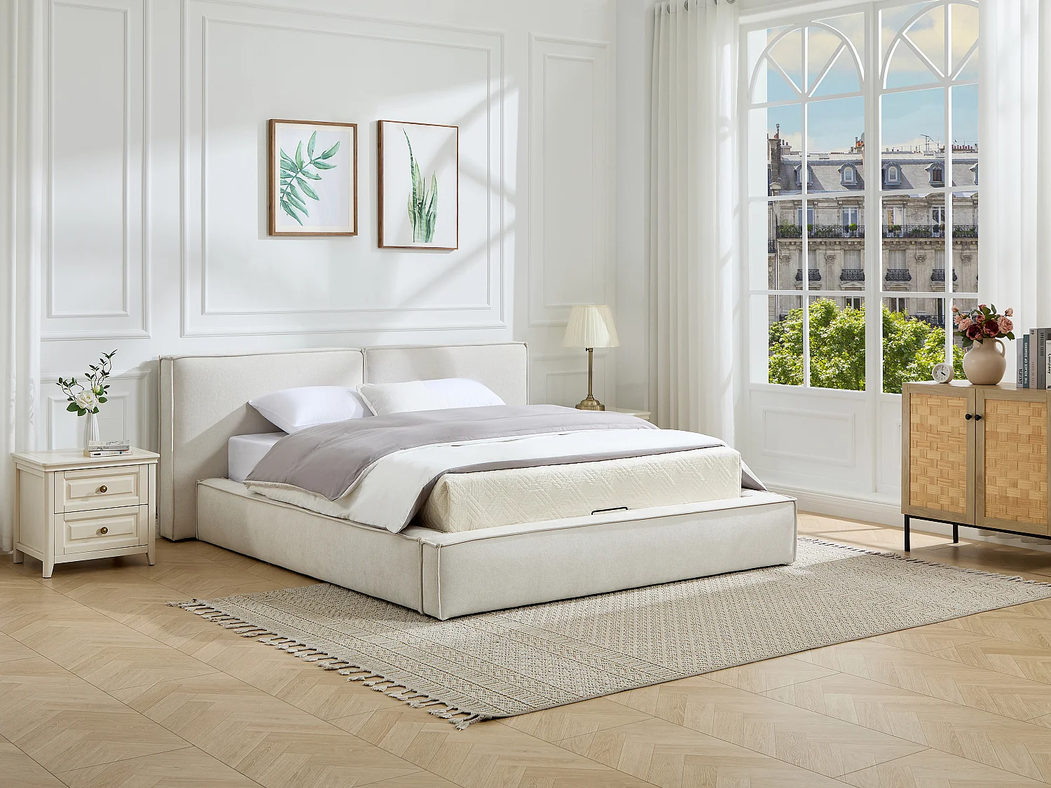 Lit coffre 160 x 200 cm – Tissu – Beige + Matelas - TAVESO