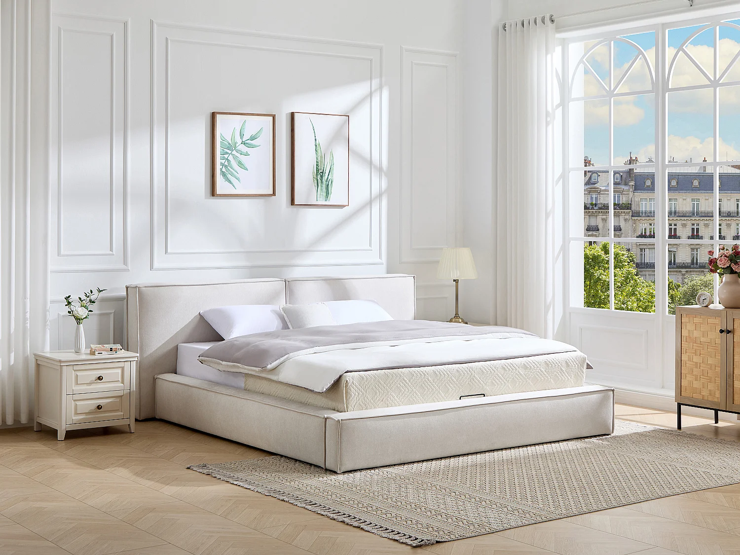 Lit coffre 180 x 200 cm – Tissu – Beige + Matelas - TAVESO