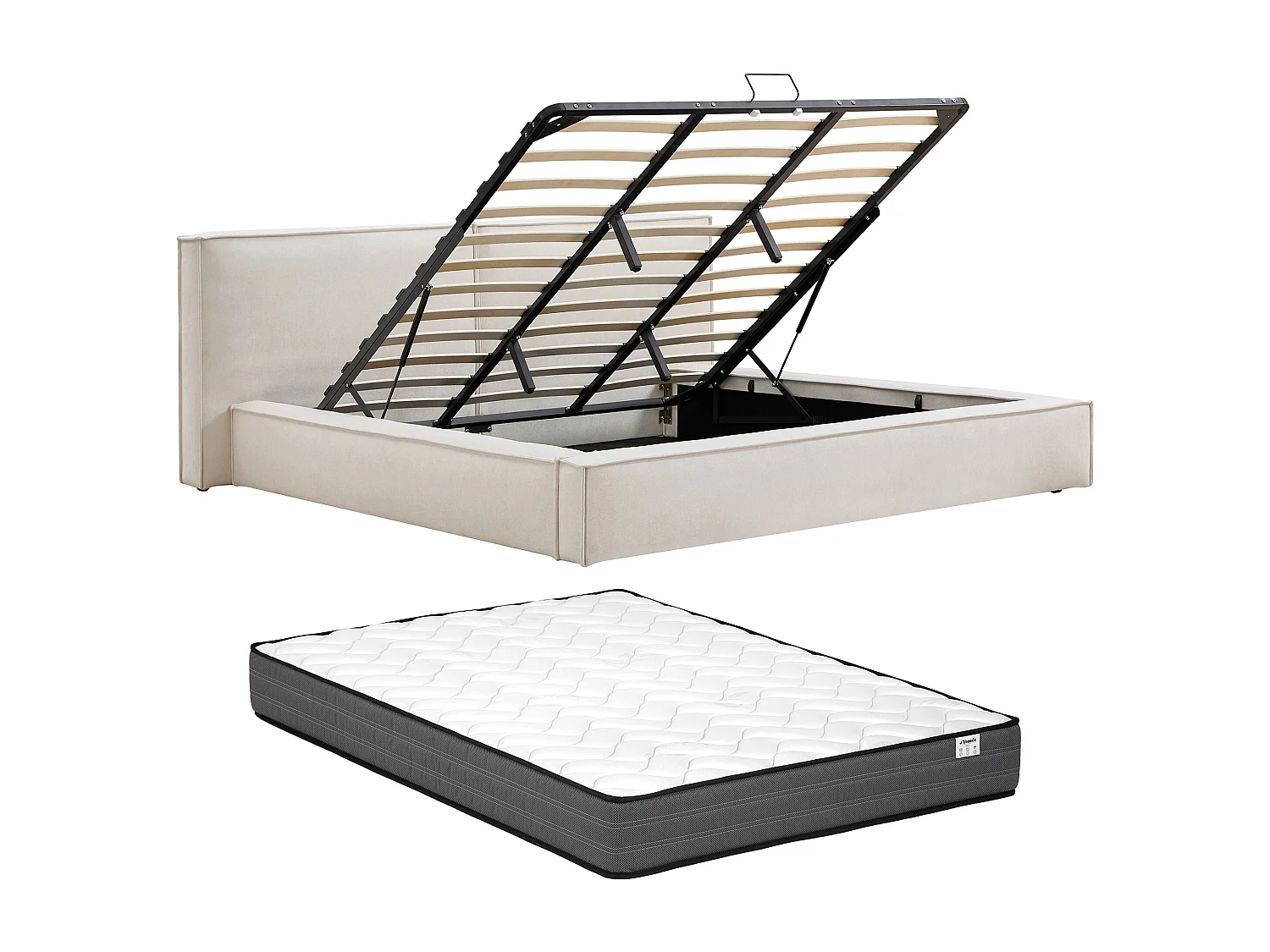 Lit coffre 180 x 200 cm – Tissu – Beige + Matelas - TAVESO