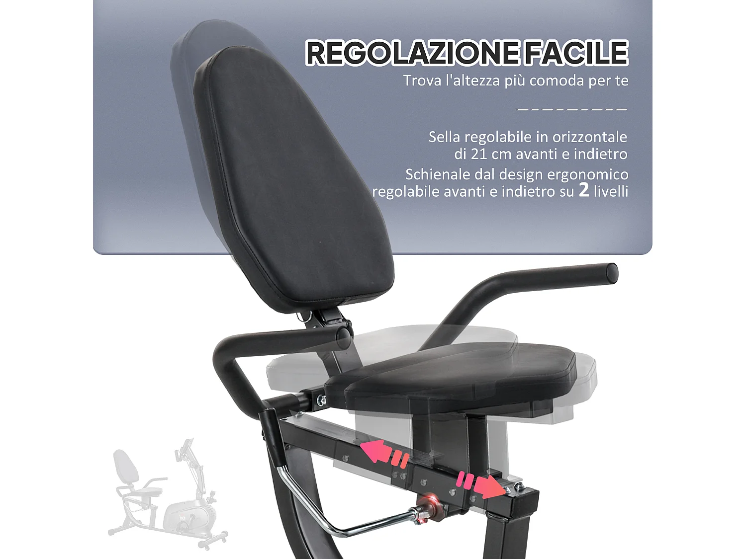 Cyclette orizzontale magnetica sedile regolabile ed elastici braccia