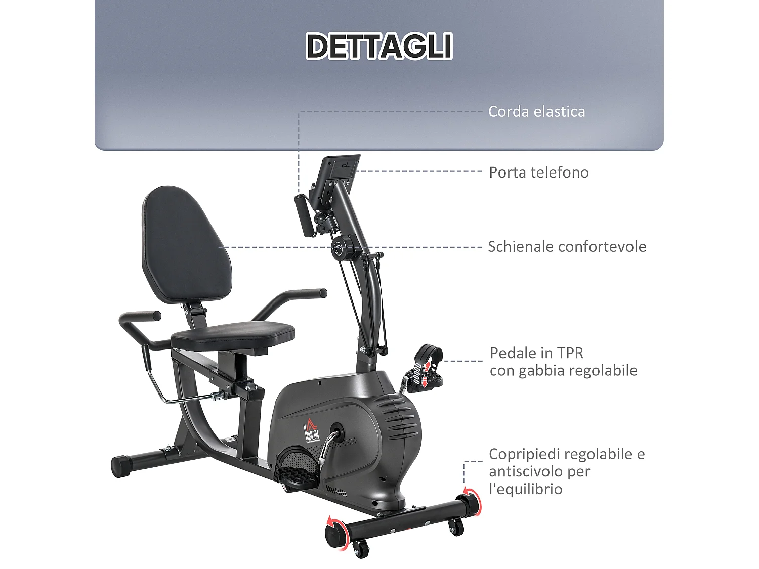 Cyclette orizzontale magnetica sedile regolabile ed elastici braccia