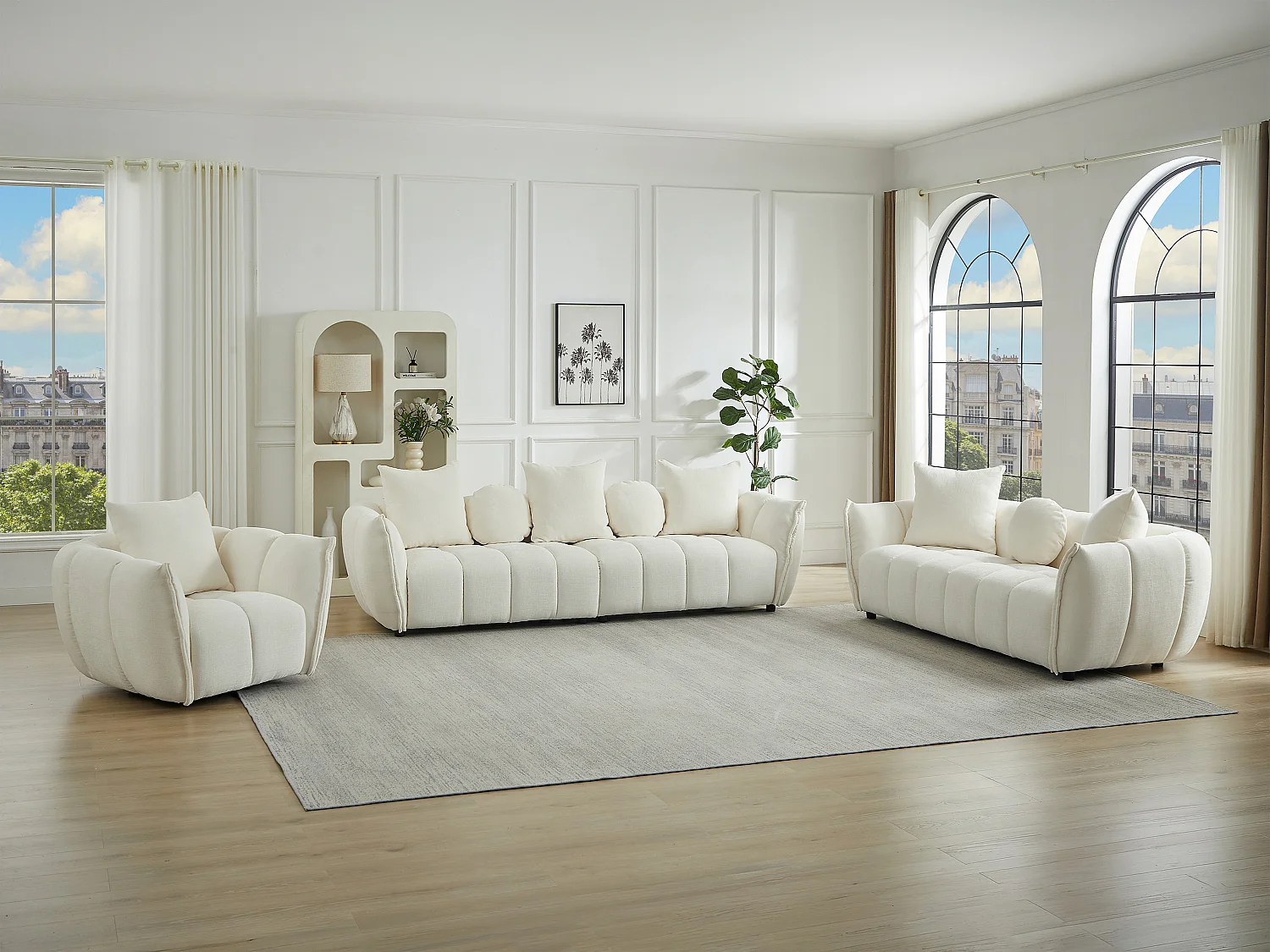 Canapé 4 places, canapé 3 places et un fauteuil pivotant en tissu texturé beige GONOLON