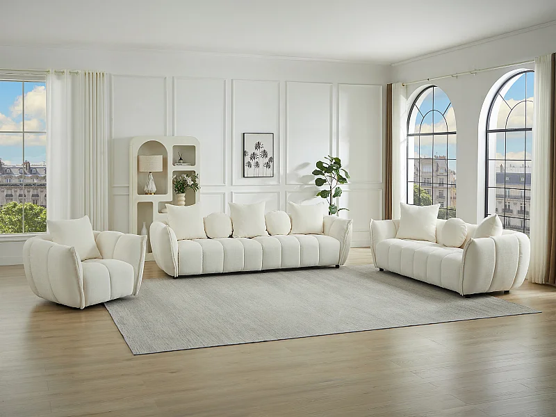 Canapé 4 places, canapé 3 places et un fauteuil pivotant en tissu texturé beige GONOLON