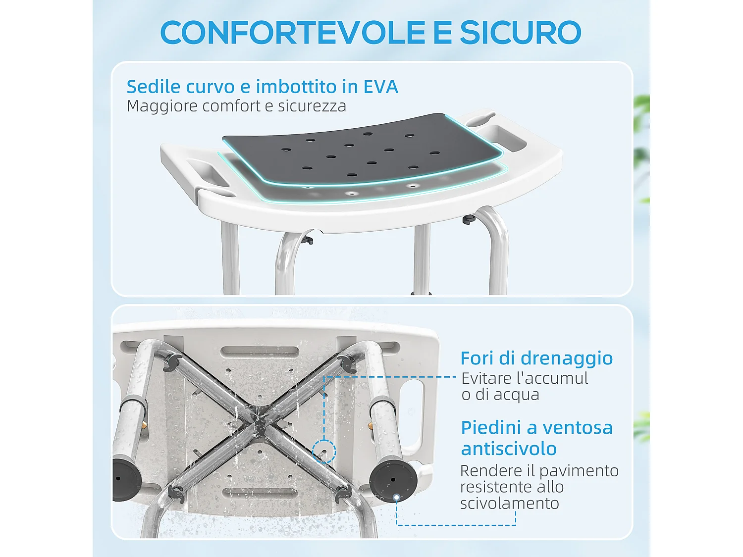Sgabello da doccia ad altezza regolabile alluminio e plastica grigio