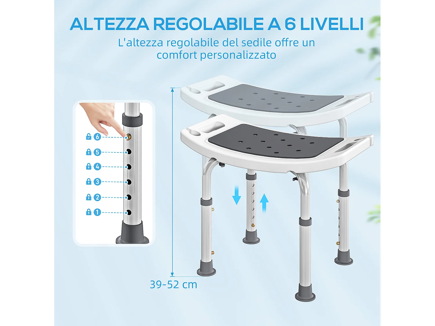 Sgabello da doccia ad altezza regolabile alluminio e plastica grigio