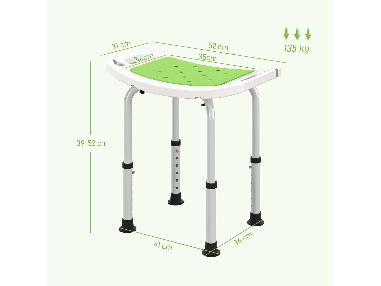 Sgabello da doccia ad altezza regolabile alluminio e plastica verde
