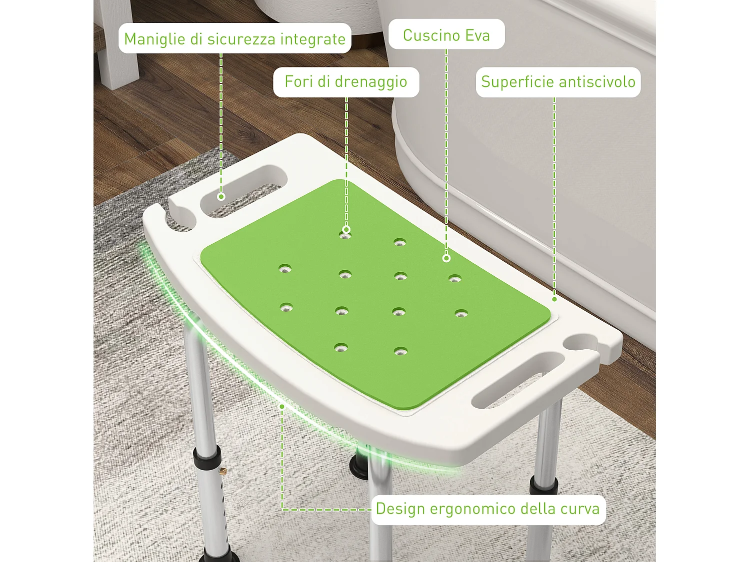 Sgabello da doccia ad altezza regolabile alluminio e plastica verde