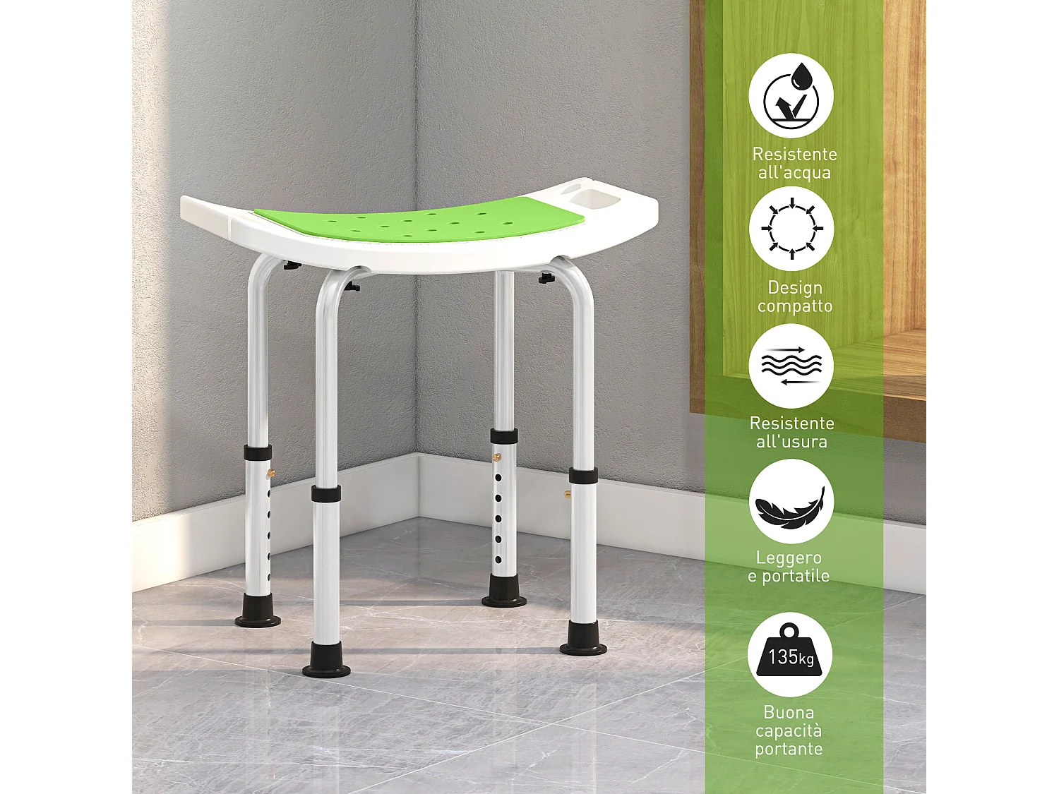 Sgabello da doccia ad altezza regolabile alluminio e plastica verde