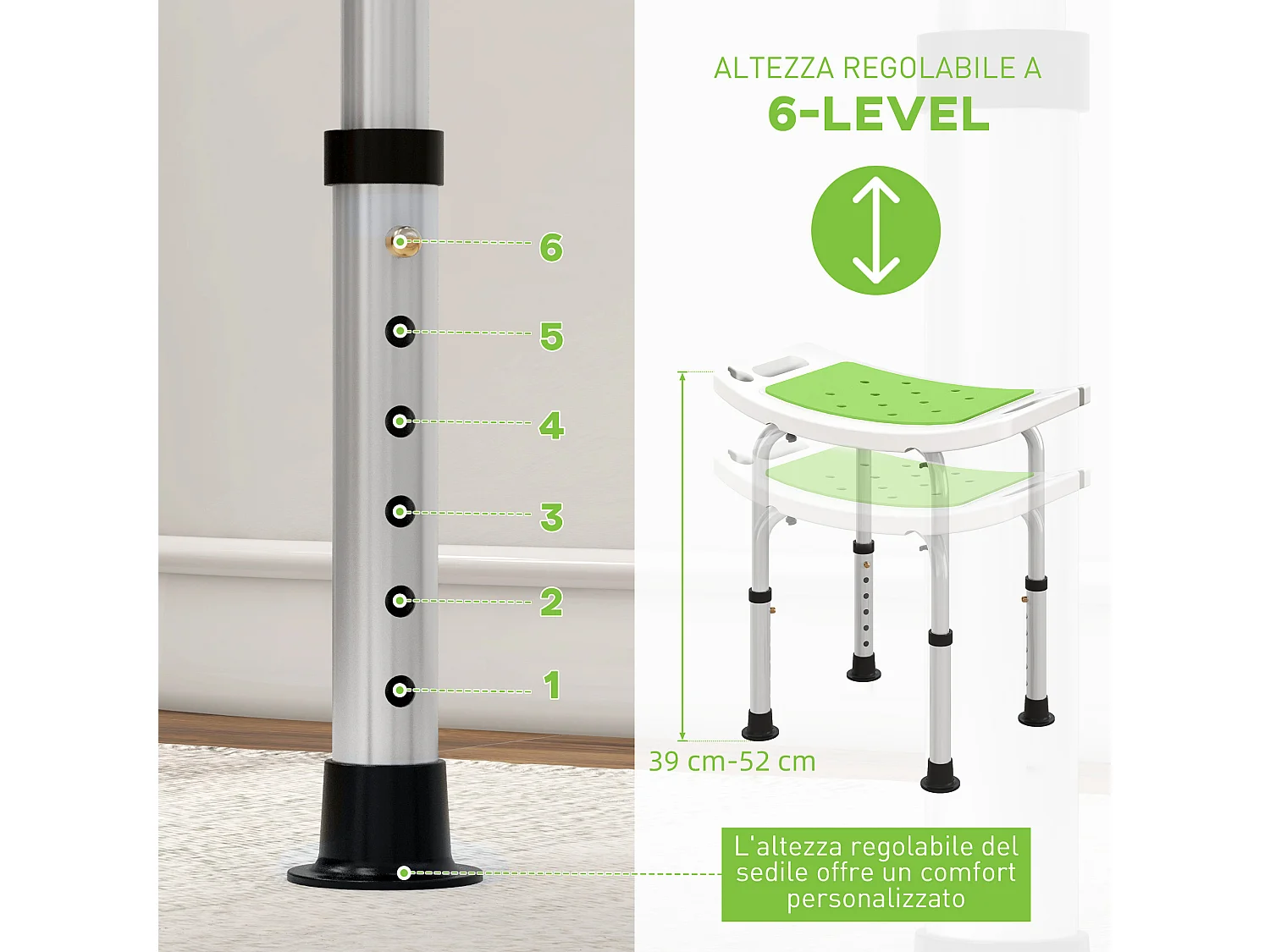Sgabello da doccia ad altezza regolabile alluminio e plastica verde